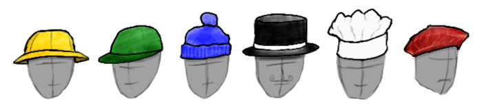 Six mannequin heads, each wearing a different coloured hat: a yellow bucket hat, a green cap, a blue bobble hat, a black top hat, a white chef’s hat and a red beret.