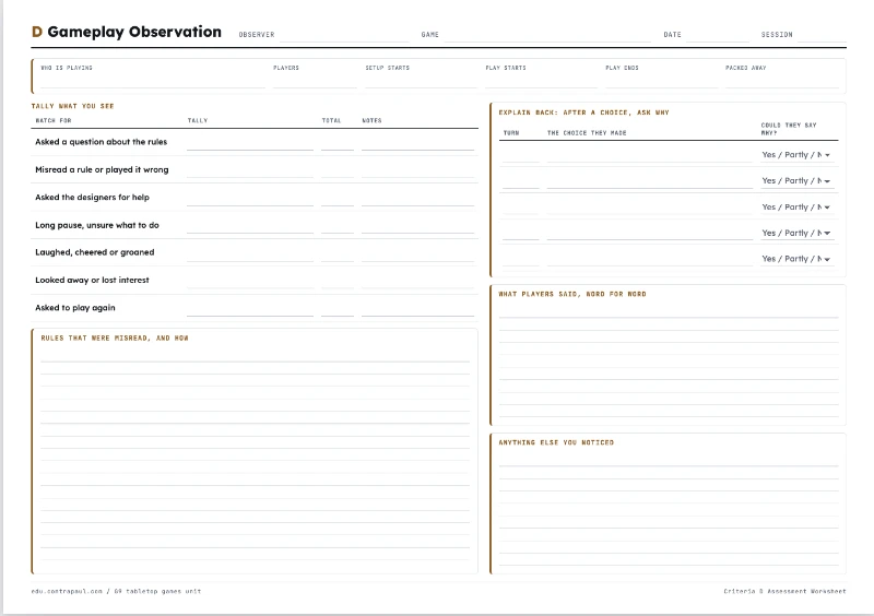 The gameplay observation sheet